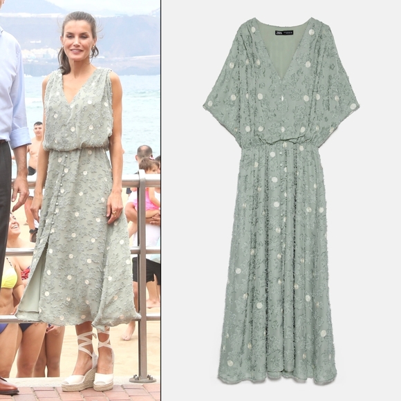Zara Combined Structured Midi Dress in Green ASO Queen Letizia - Picture 1 of 8